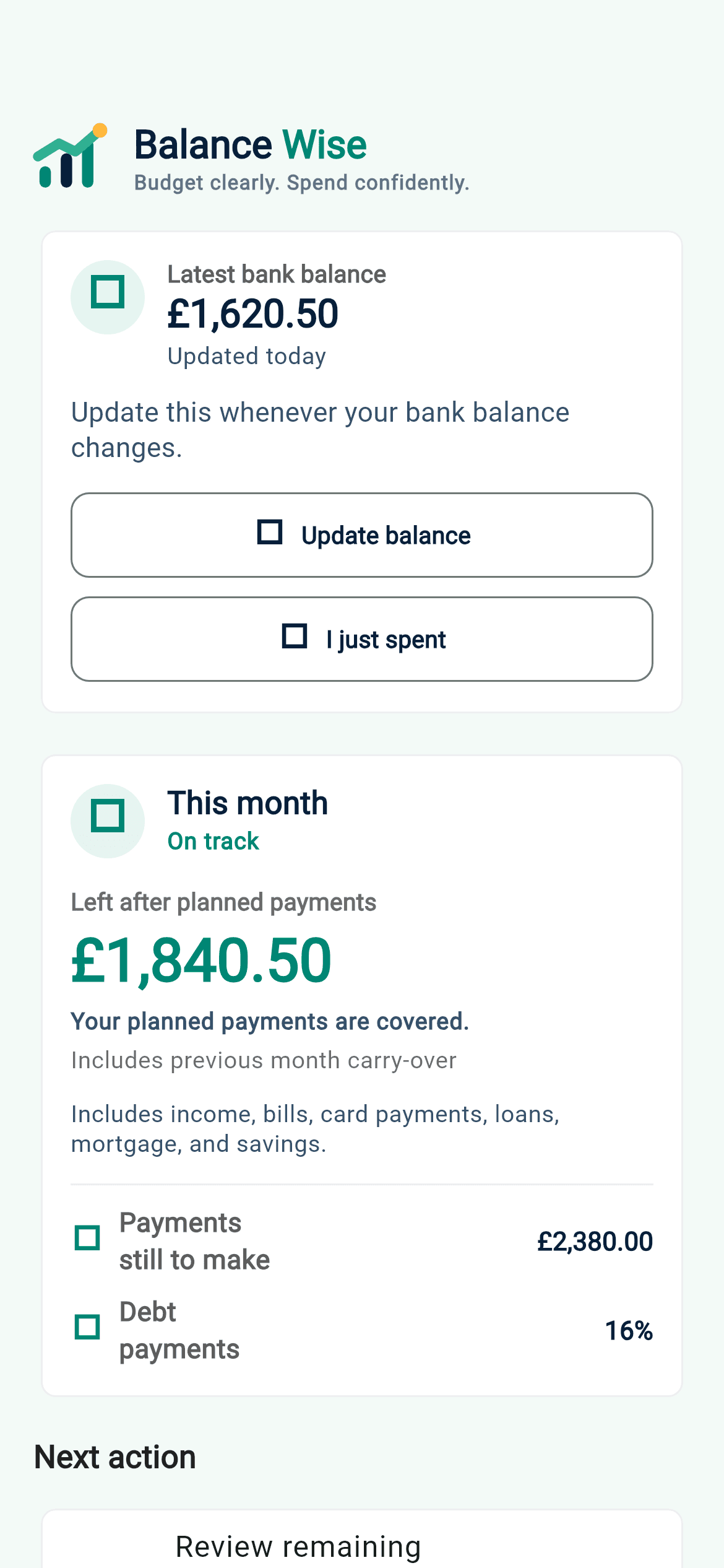 Balance Wise mobile dashboard showing fictional example figures for latest bank balance and money left after planned payments